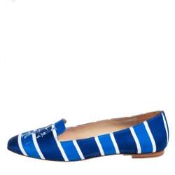 Pre Owned Carolina Herrera Blue/White Stripe Fabric Smoking Slippers Size 40