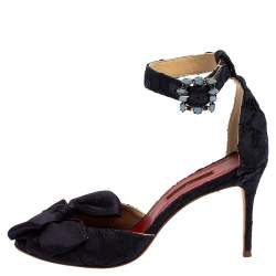 Carolina Herrera Navy Blue Lace And Satin Bow Ankle Strap Sandals Size 38