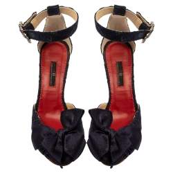 Carolina Herrera Navy Blue Lace And Satin Bow Ankle Strap Sandals Size 38
