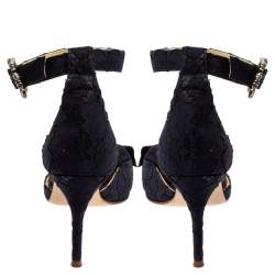 Carolina Herrera Navy Blue Lace And Satin Bow Ankle Strap Sandals Size 38