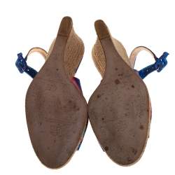 Pre Owned Carolina Herrera Blue Printed Satin Wedge Espadrille Slingback Sandals Size 39