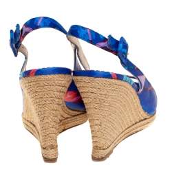 Pre Owned Carolina Herrera Blue Printed Satin Wedge Espadrille Slingback Sandals Size 39