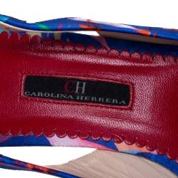 Pre Owned Carolina Herrera Blue Printed Satin Wedge Espadrille Slingback Sandals Size 39