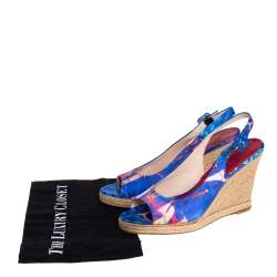 Pre Owned Carolina Herrera Blue Printed Satin Wedge Espadrille Slingback Sandals Size 39