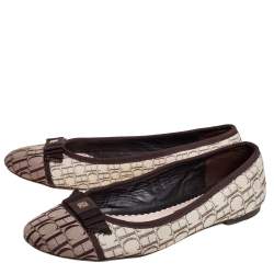 Pre Owned Carolina Herrera Brown/Beige Monogram Canvas Cap Toe Bow Ballet Flats Size 39