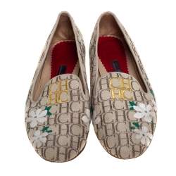 Pre Owned Carolina Herrera Beige Floral Print Signature Canvas Logo Smoking Slippers Size 39