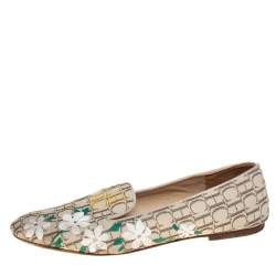 Pre Owned Carolina Herrera Beige Floral Print Signature Canvas Logo Smoking Slippers Size 39