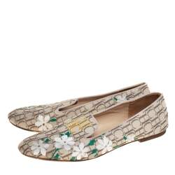 Pre Owned Carolina Herrera Beige Floral Print Signature Canvas Logo Smoking Slippers Size 39
