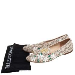 Pre Owned Carolina Herrera Beige Floral Print Signature Canvas Logo Smoking Slippers Size 39