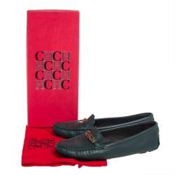 Pre Owned Carolina Herrera Green Leather Logo Detail Slip On Loafers Size 41