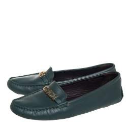 Pre Owned Carolina Herrera Green Leather Logo Detail Slip On Loafers Size 41