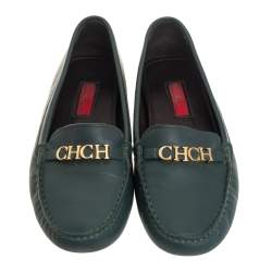 Pre Owned Carolina Herrera Green Leather Logo Detail Slip On Loafers Size 41