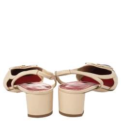 Carolina Herrera Beige/Navy Blue Leather Bow Square Toe Slingback Sandals Size 39