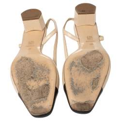 Carolina Herrera Beige/Navy Blue Leather Bow Square Toe Slingback Sandals Size 39