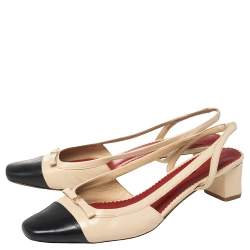 Carolina Herrera Beige/Navy Blue Leather Bow Square Toe Slingback Sandals Size 39