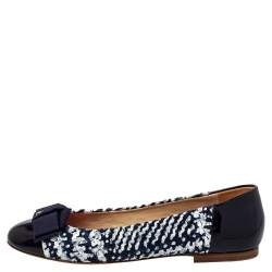Pre Owned Carolina Herrera Blue/White Tweed And Patent Leather Ballet Flats Size 40