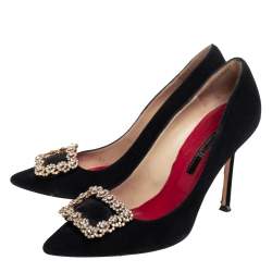 Carolina Herrera Black Suede Crystal Embellished Pointed Toe Pumps Size 36