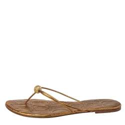 Pre Owned Carolina Herrera Metallic Bronze Leather Embellished Thong Flats Size 39