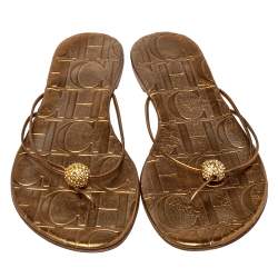 Pre Owned Carolina Herrera Metallic Bronze Leather Embellished Thong Flats Size 39