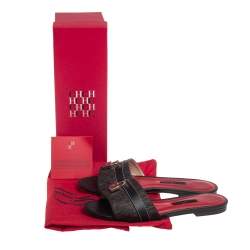 Carolina Herrera Brown Signature Canvas Lock Flat Slides Size 39