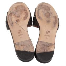Carolina Herrera Brown Signature Canvas Lock Flat Slides Size 39