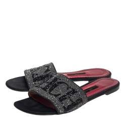 Carolina Herrera Grey/Black Glitter Crystal Embellished  Slides Sandals Size 40 