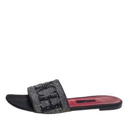 Carolina Herrera Grey/Black Glitter Crystal Embellished  Slides Sandals Size 40 