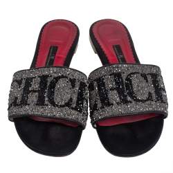 Carolina Herrera Grey/Black Glitter Crystal Embellished  Slides Sandals Size 40 