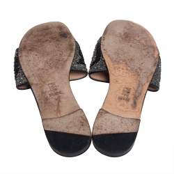 Carolina Herrera Grey/Black Glitter Crystal Embellished  Slides Sandals Size 40 