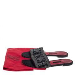 Carolina Herrera Grey/Black Glitter Crystal Embellished  Slides Sandals Size 40 