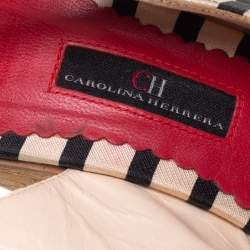 مملوكة مسبقًا CH Carolina Herrera Black/White Fabric And Suede Cork Wedge Platform Peep Toe Slingback Sandals Size 38