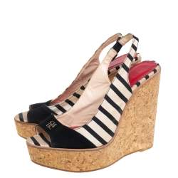 مملوكة مسبقًا CH Carolina Herrera Black/White Fabric And Suede Cork Wedge Platform Peep Toe Slingback Sandals Size 38