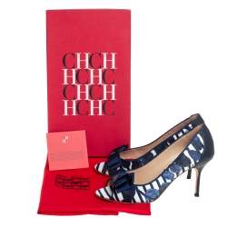 Pre Owned Carolina Herrera Blue/White Satin And Leather Bow Peep Toe Pumps Size 38