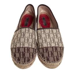 Pre Owned Carolina Herrera Beige/ Brown  Canvas Espadrille Flats Size 41