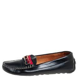 Pre Owned Carolina Herrera Black Leather Initials Cut-Out Slip On Loafers Size 38