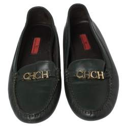 Pre Owned CH Carolina Herrera Green Leather CHCH Logo Loafers Size 40