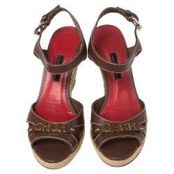 Carolina Herrera Brown Leather and Canvas Espadrille Wedge  Ankle Strap Sandals Size 39
