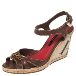 Carolina Herrera Brown Leather and Canvas Espadrille Wedge  Ankle Strap Sandals Size 39