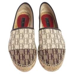 Pre Owned Carolina Herrera Beige Monogram Canvas And Fabric Cap Toe Espadrille Flats Size 40
