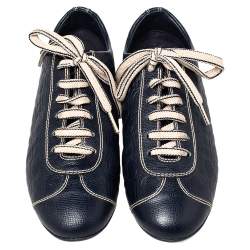 Pre Owned CH Carolina Herrera Blue Monogram Embossed Leather Low Top Sneakers Size 37