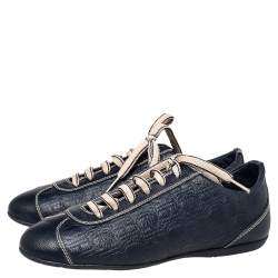 Pre Owned CH Carolina Herrera Blue Monogram Embossed Leather Low Top Sneakers Size 37