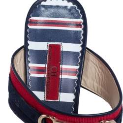 Pre Owned Carolina Herrera Navy Blue/Red Leather and Fabric CH Logo Slide Sandals Size 37