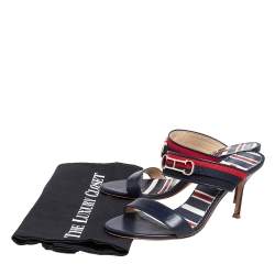 Pre Owned Carolina Herrera Navy Blue/Red Leather and Fabric CH Logo Slide Sandals Size 37
