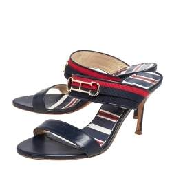 Pre Owned Carolina Herrera Navy Blue/Red Leather and Fabric CH Logo Slide Sandals Size 37
