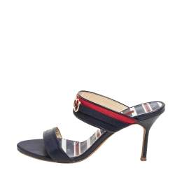 Pre Owned Carolina Herrera Navy Blue/Red Leather and Fabric CH Logo Slide Sandals Size 37