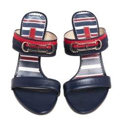 Pre Owned Carolina Herrera Navy Blue/Red Leather and Fabric CH Logo Slide Sandals Size 37