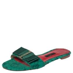 Carolina Herrera Green Lace Bow Detail Flat Slides Size 37