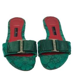 Carolina Herrera Green Lace Bow Detail Flat Slides Size 37