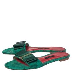 Carolina Herrera Green Lace Bow Detail Flat Slides Size 37