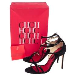 Carolina Herrera Black Suede T Strappy Open Toe Sandals Size 38